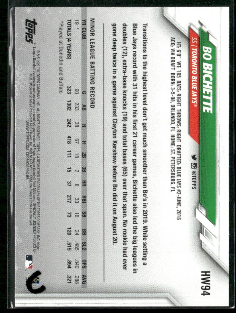 Bo Bichette 2020 Topps Holiday RC #HW94 Toronto Blue Jays