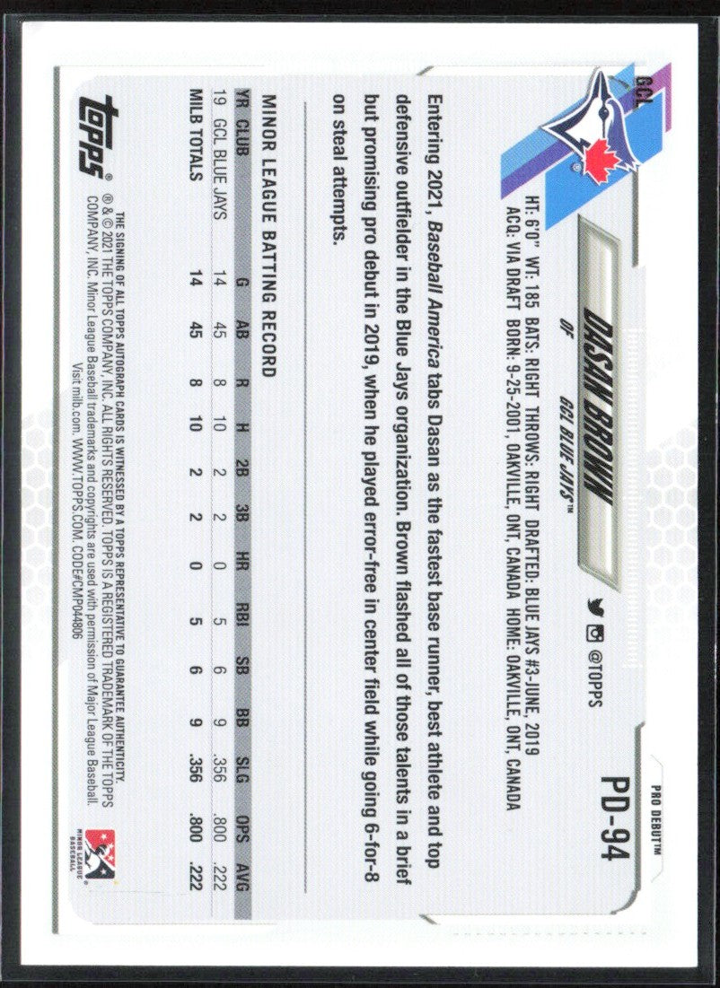 Dasan Brown 2021 Topps Pro Debut AUTO #PD-94 GCL Blue Jays