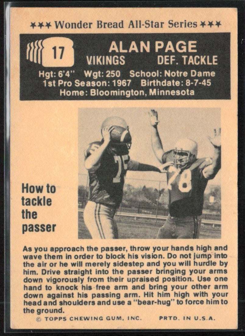 Alan Page 1974 Wonder Bread All-Star Series #17 Minnesota Vikings