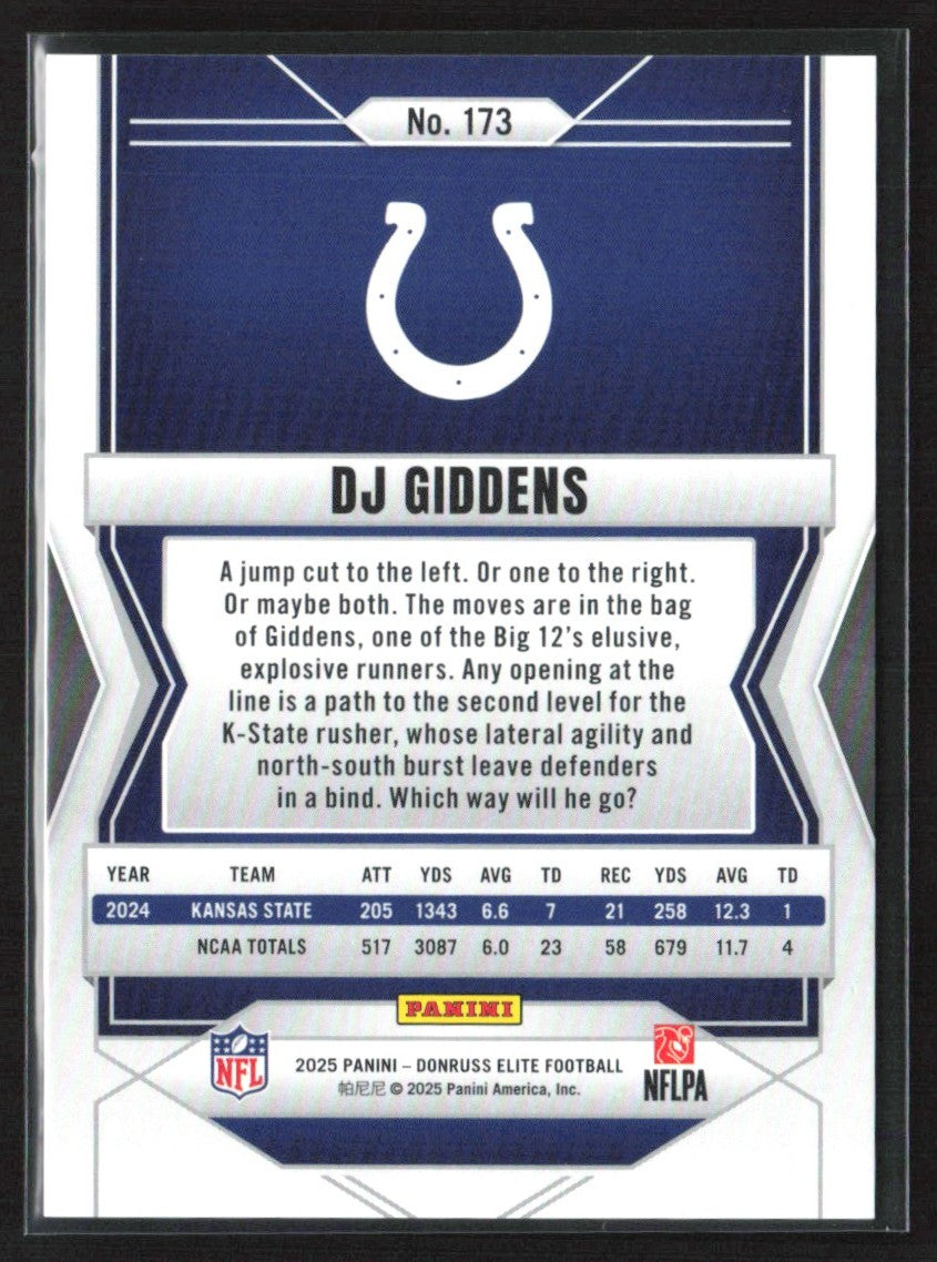 DJ Giddens 2025 Donruss Elite Status Explosion RC /999 #173 Indianapolis Colts