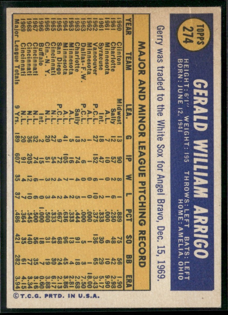 Gerry Arrigo 1970 Topps #274 Chicago White Sox