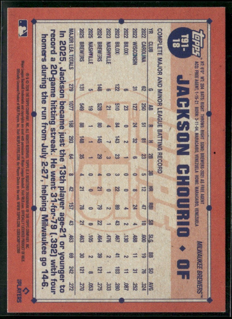 Jackson Chourio 2026 Topps 1991 Crackleboard #T91-18 Milwaukee Brewers