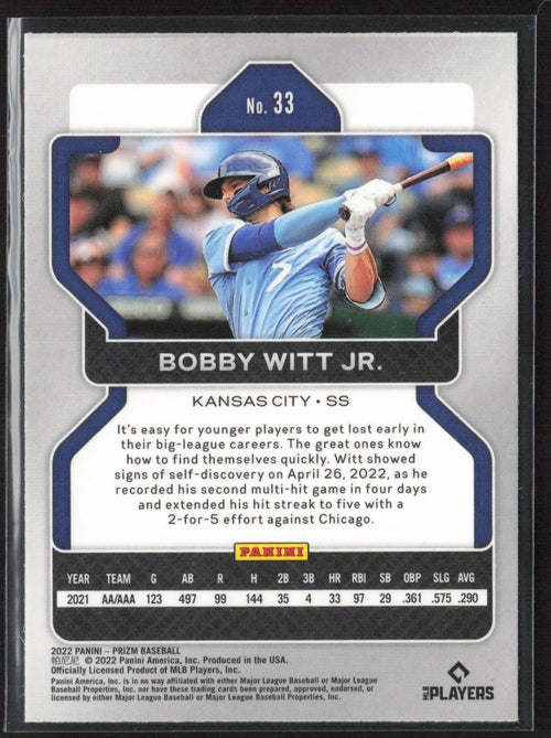 Bobby Witt Jr. 2022 Panini Prizm RC #33 Kansas City Royals