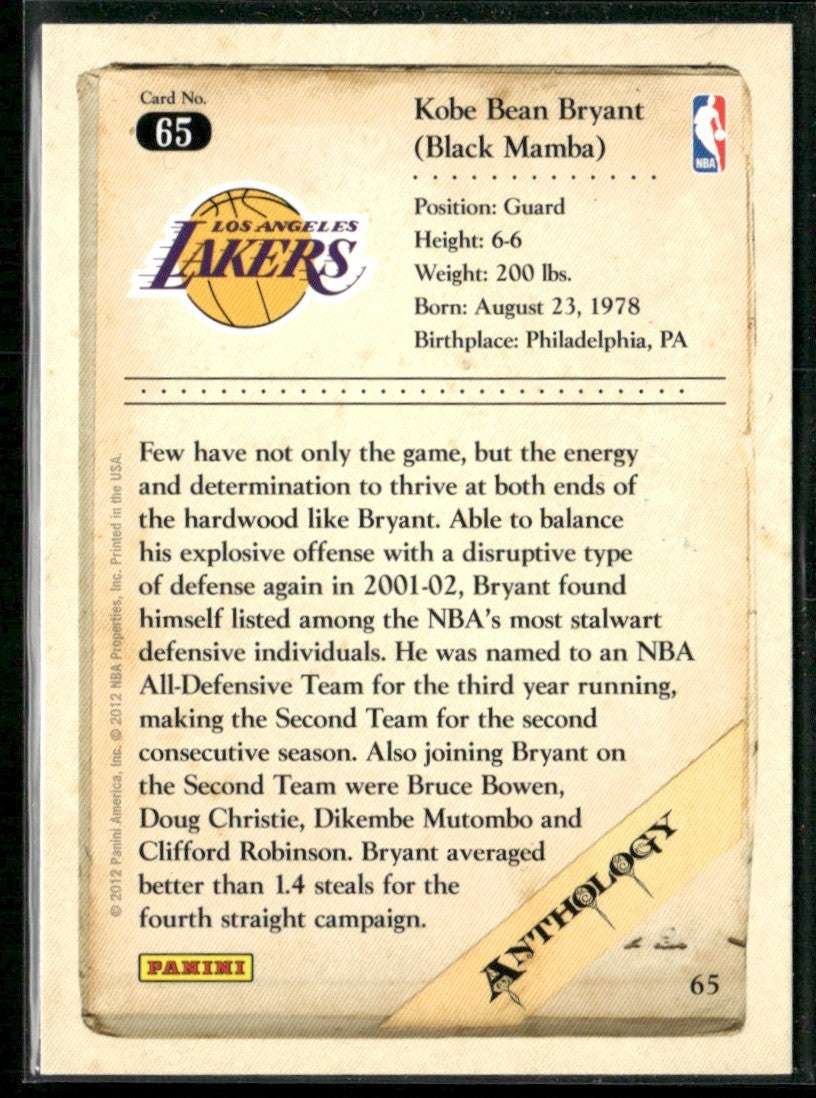 Kobe Bryant 2012 Panini Anthology #65 Los Angeles Lakers