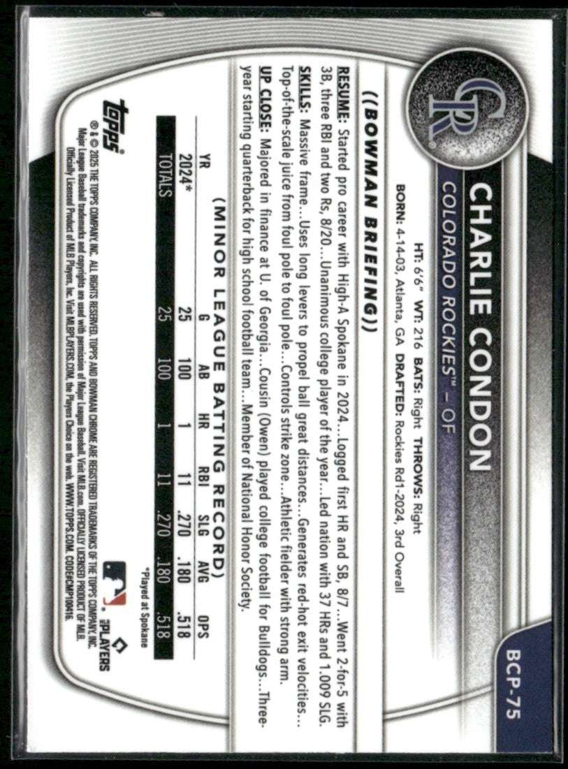 Charlie Condon 2025 Bowman Chrome 1st #BCP-75 Colorado Rockies