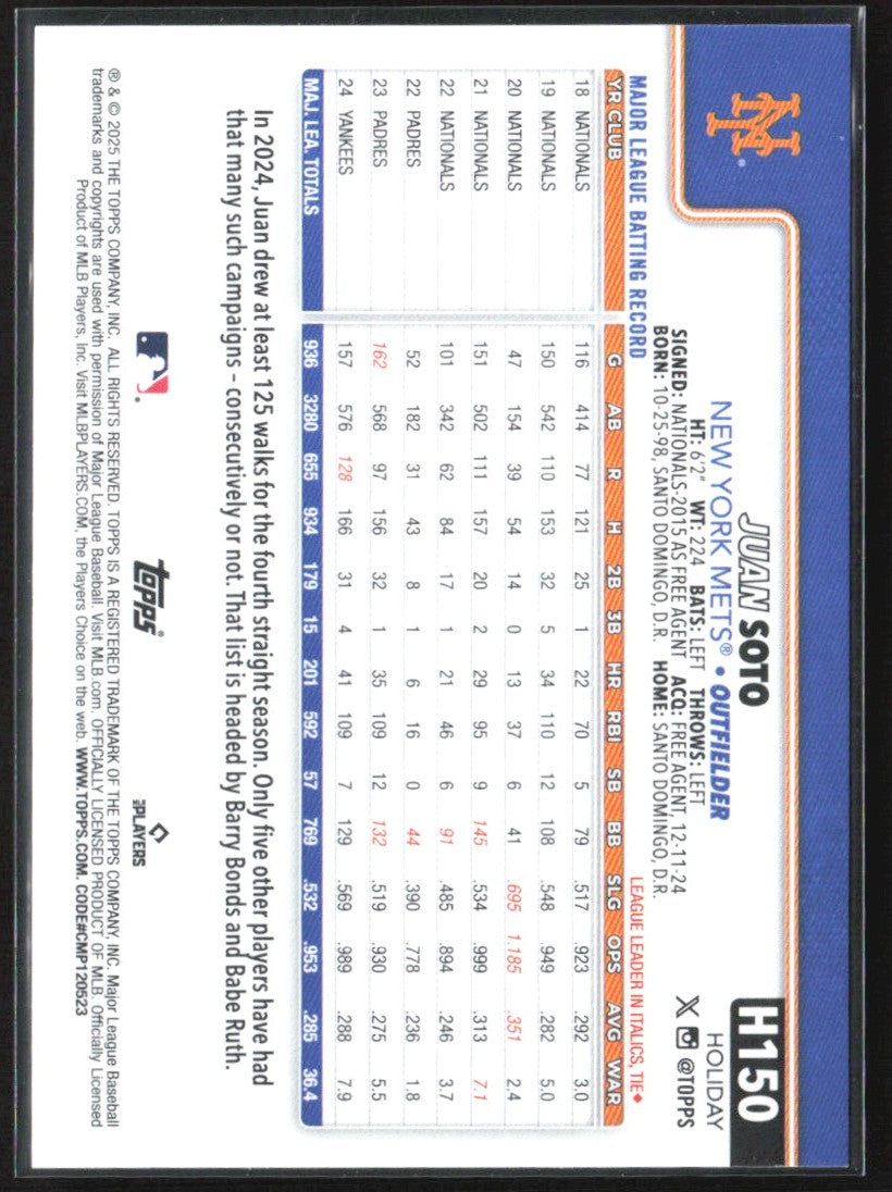 Juan Soto 2025 Topps Holiday Candy Cane Bat SP #H150 New York Mets