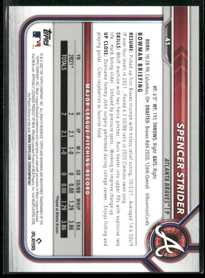 Spencer Strider 2022 Bowman RC #41 Atlanta Braves