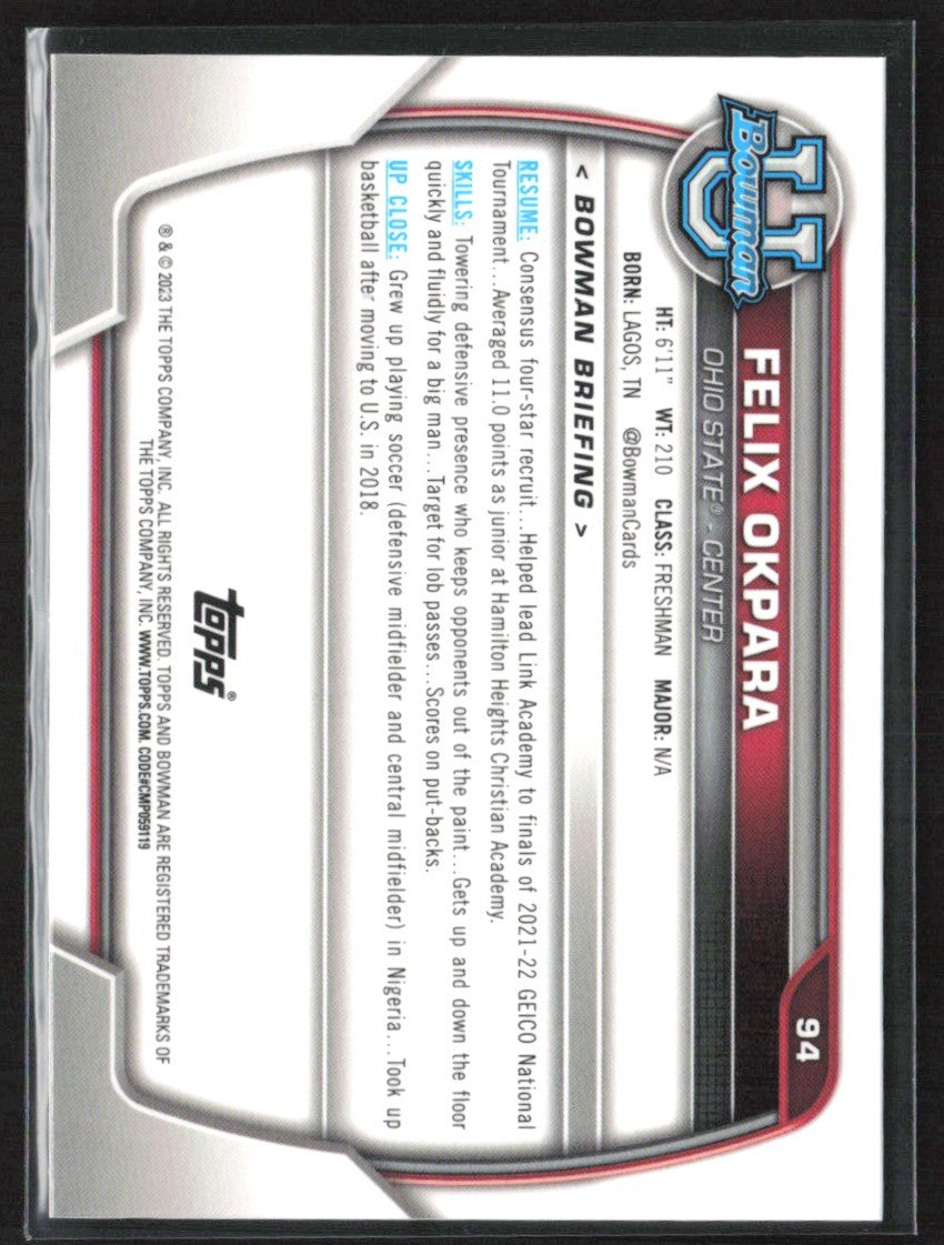 Felix Okpara 2022 Bowman U Chrome 1st Pink Refractor #94 Ohio State Buckeyes