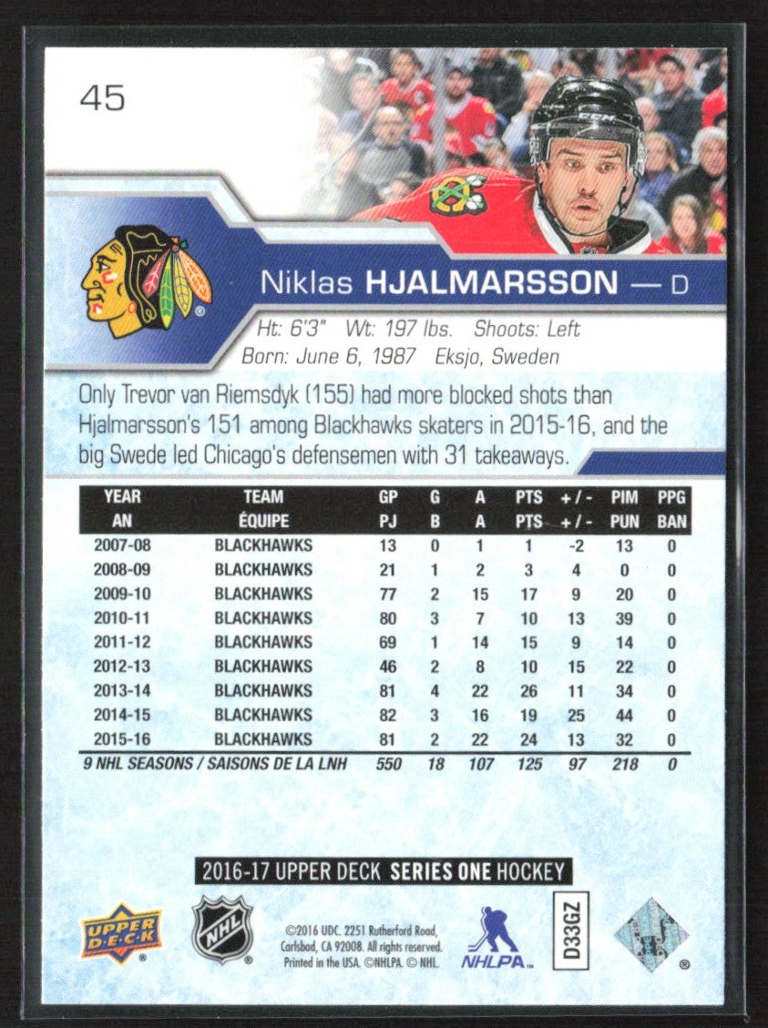 Niklas Hjalmarsson 2016 Upper Deck #45 Chicago Blackhawks