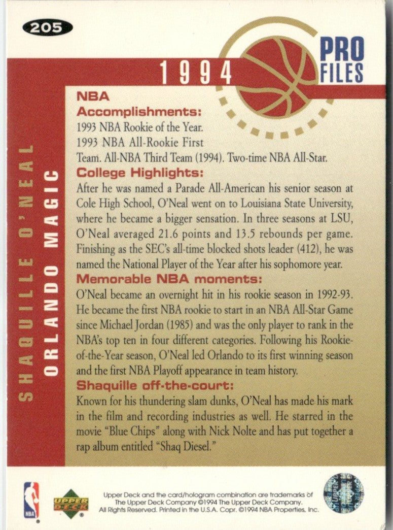 Shaquille O'Neal 1994 Collector's Choice Profiles Silver Signature #205