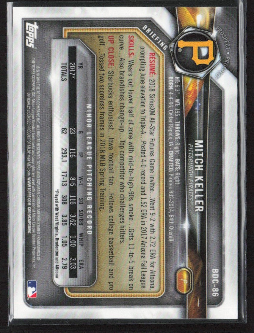 Mitch Keller 2018 Bowman Draft Chrome Sky Blue Refractor /402 #BDC-86