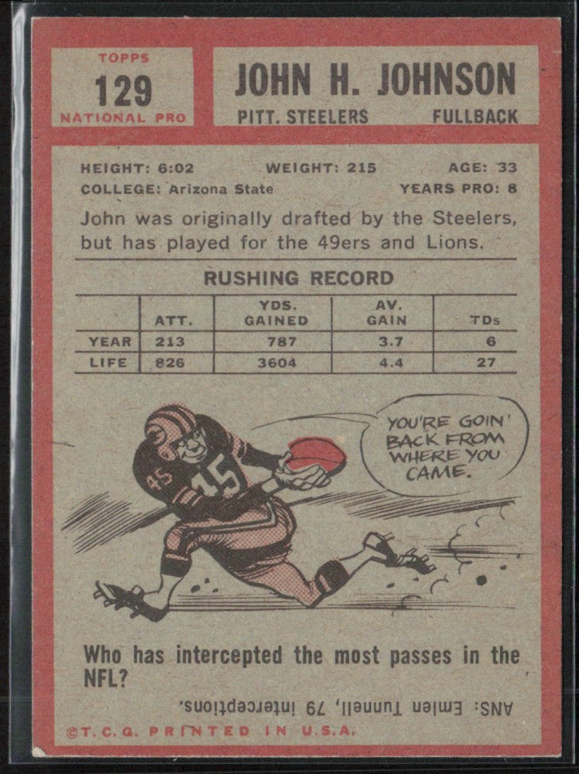 John Henry Johnson 1962 Topps #129 Pittsburgh Steelers