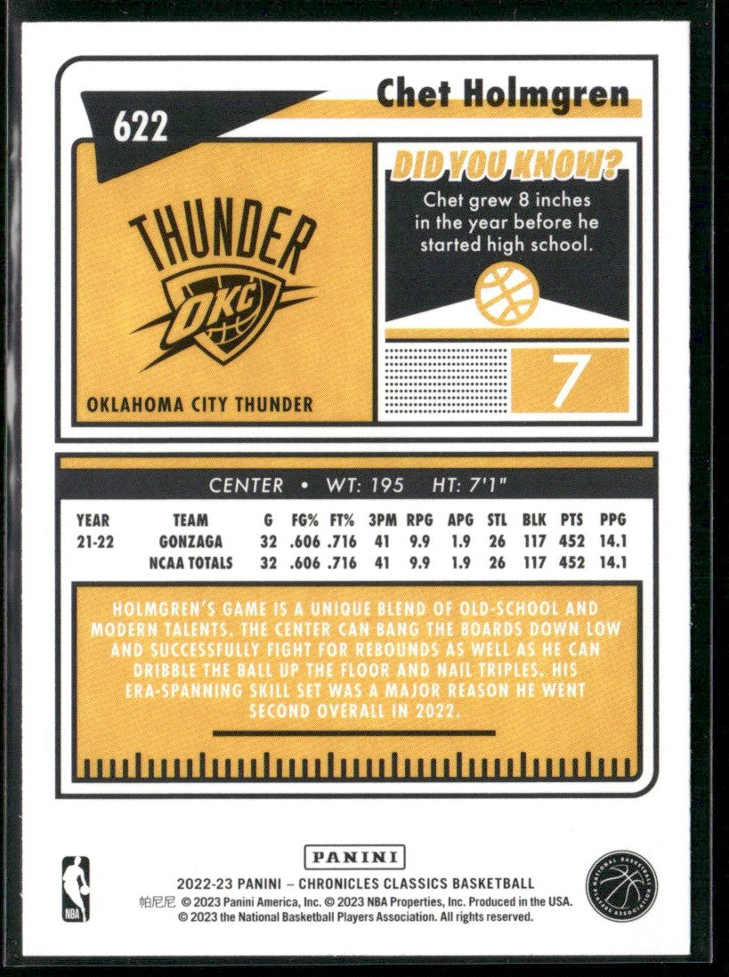Chet Holmgren 2022 Panini Chronicles RC #622 Oklahoma City Thunder