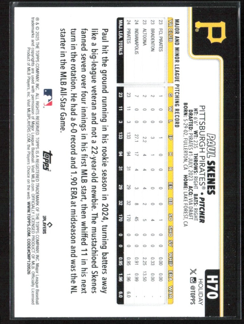 Paul Skenes 2025 Topps Holiday Metallic #H70 Pittsburgh Pirates