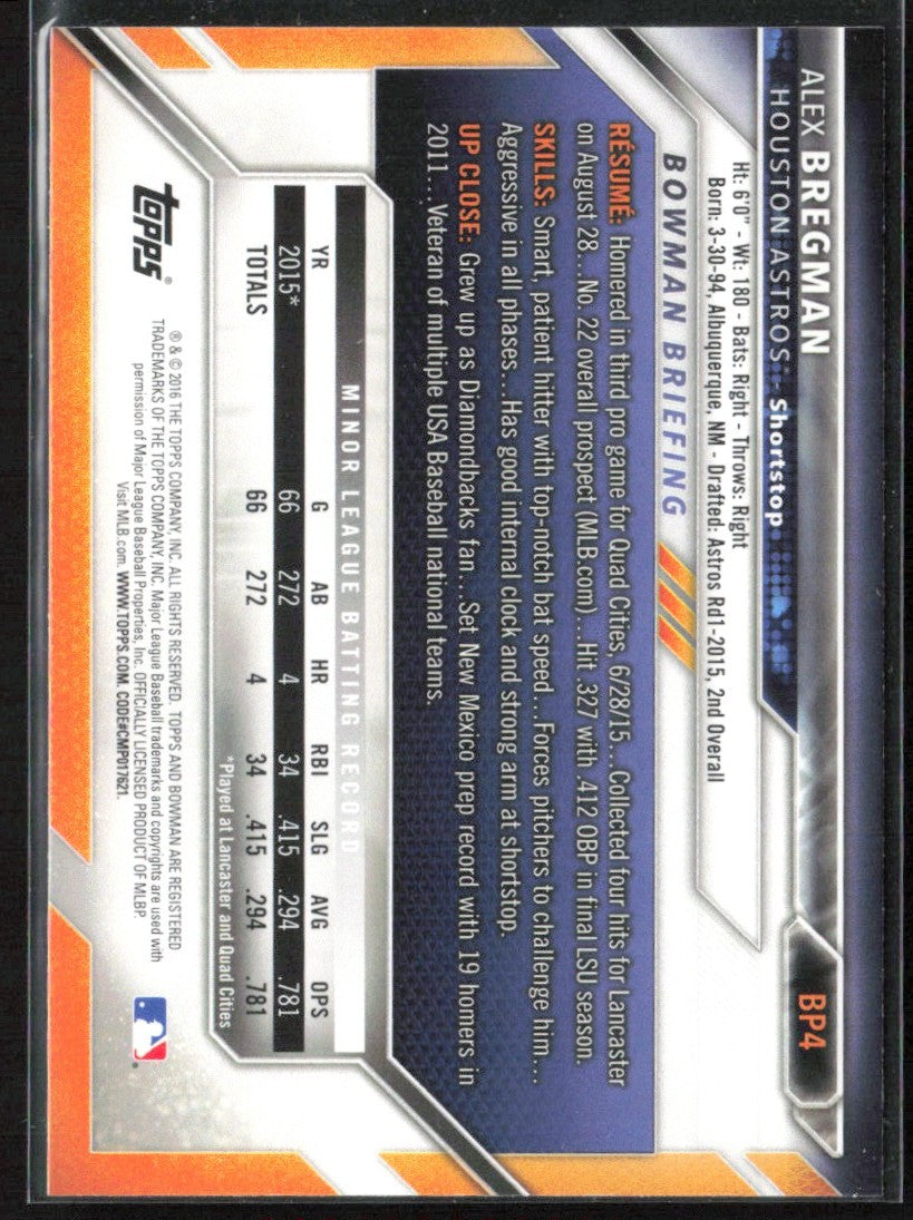 Alex Bregman 2016 Bowman 1st #BP4 Houston Astros