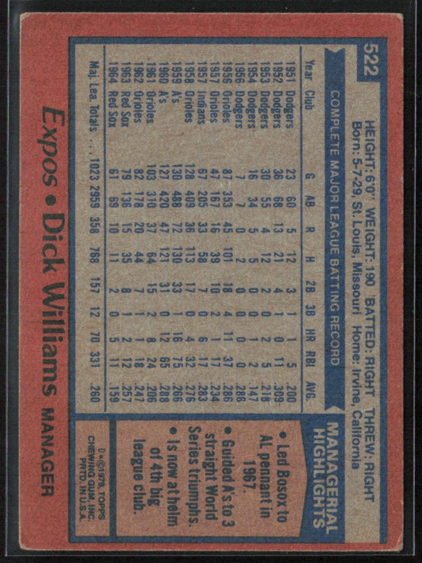 Dick Williams 1978 Topps #522 Montreal Expos