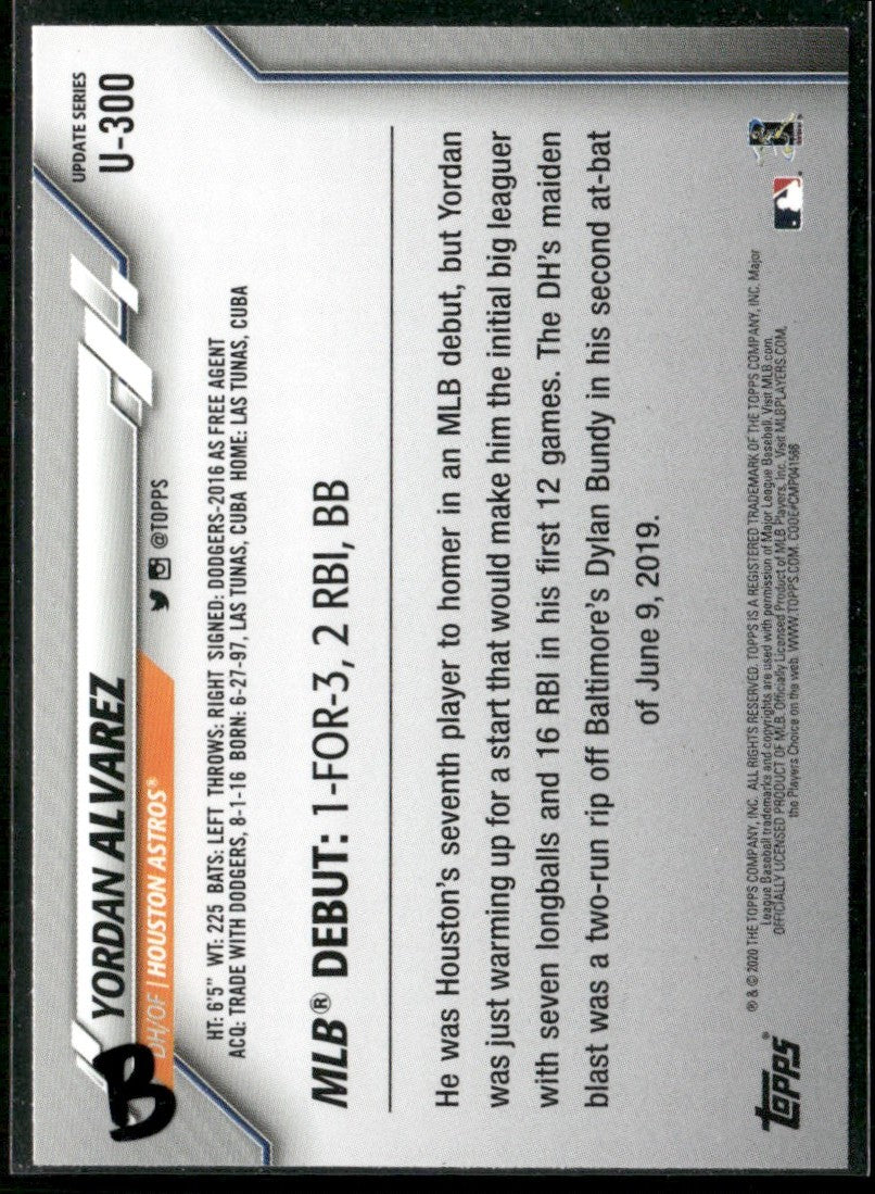 Yordan Alvarez 2020 Topps Update RC #U-300 Houston Astros