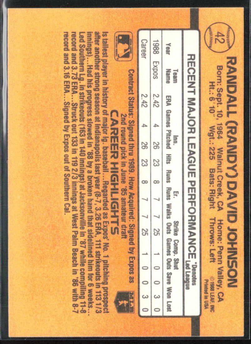 Randy Johnson 1989 Donruss RC #42 Montreal Expos