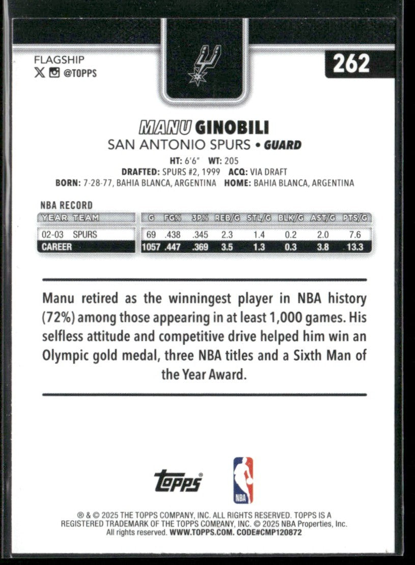 Manu Ginobili 2025 Topps Gold /2025 #262 San Antonio Spurs