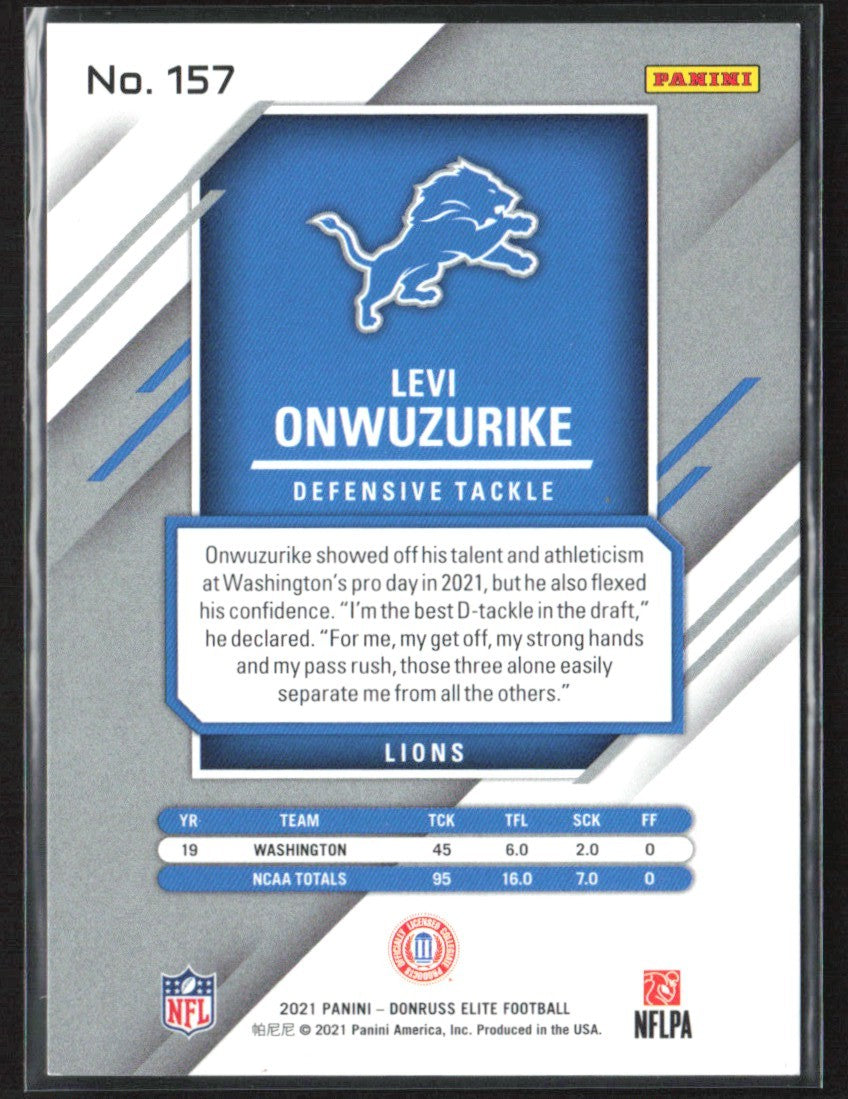 Levi Onwuzurike 2021 Donruss Elite RC /999 #157 Detroit Lions