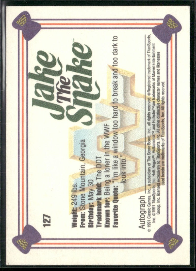 Jake Roberts The Snake 1991 Classic WWF Superstars #127