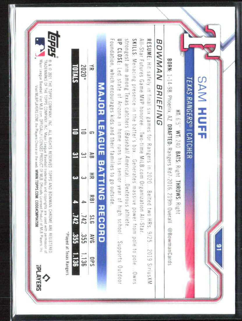 Sam Huff 2021 Bowman Chrome Blue Refractor /150 #91 Texas Rangers