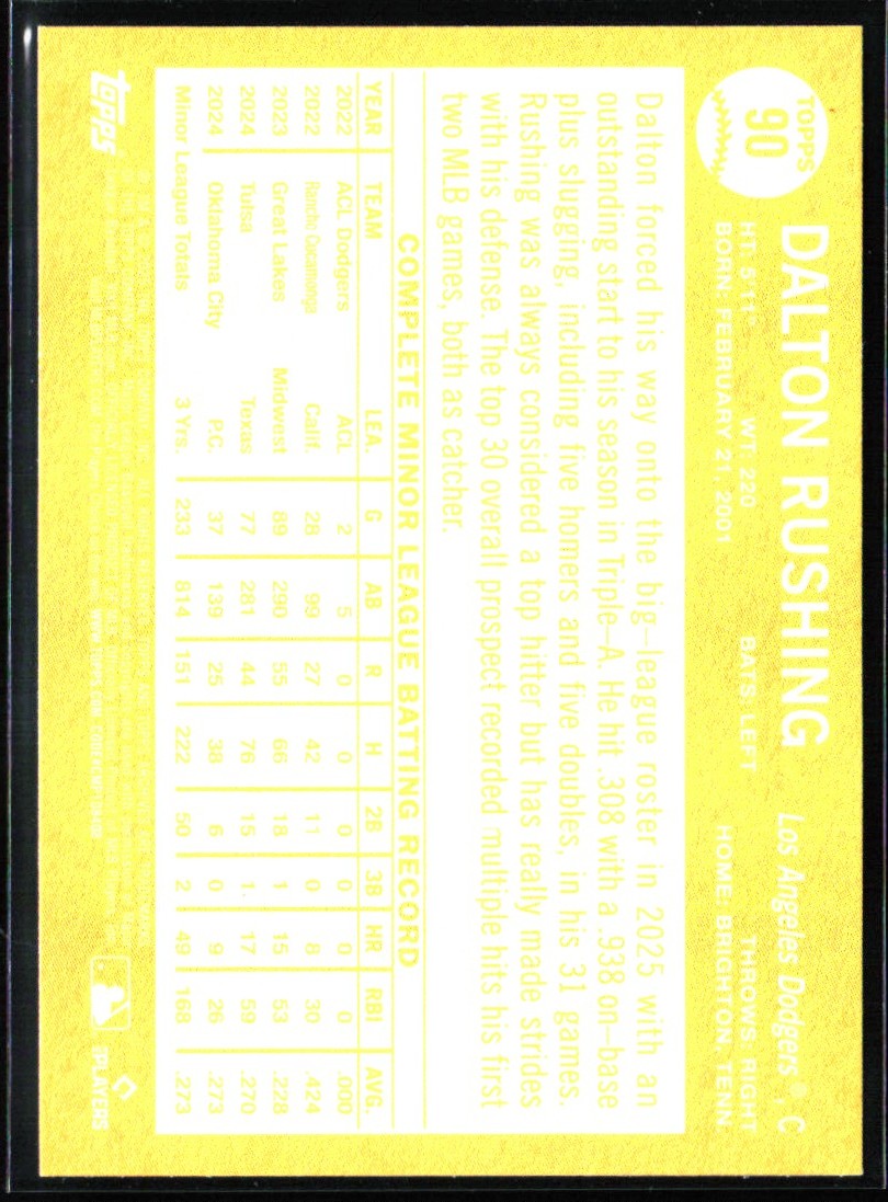Dalton Rushing 2025 Topps Archives RC #90 Los Angeles Dodgers
