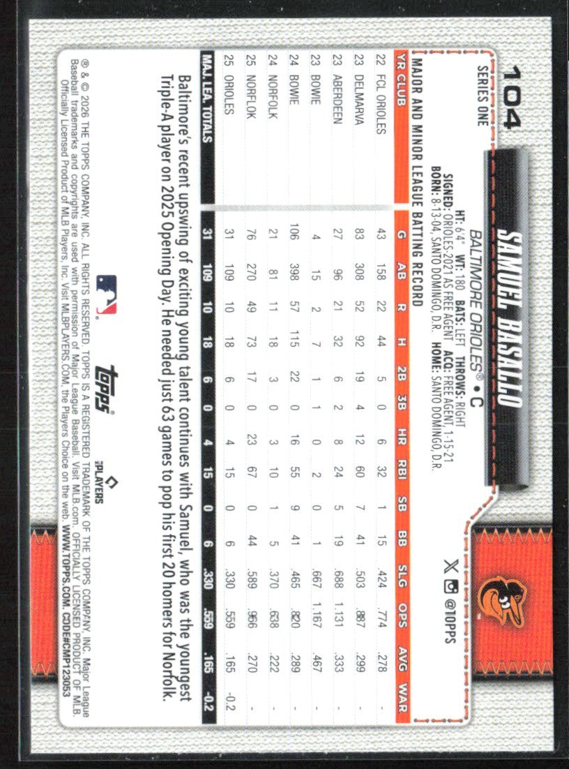 Samuel Basallo 2026 Topps RC #104 Baltimore Orioles