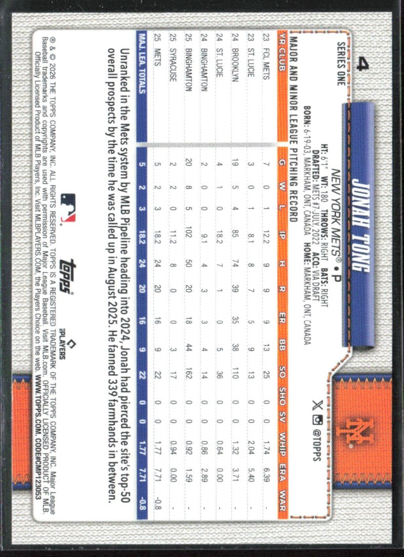 Jonah Tong 2026 Topps RC #4 New York Mets