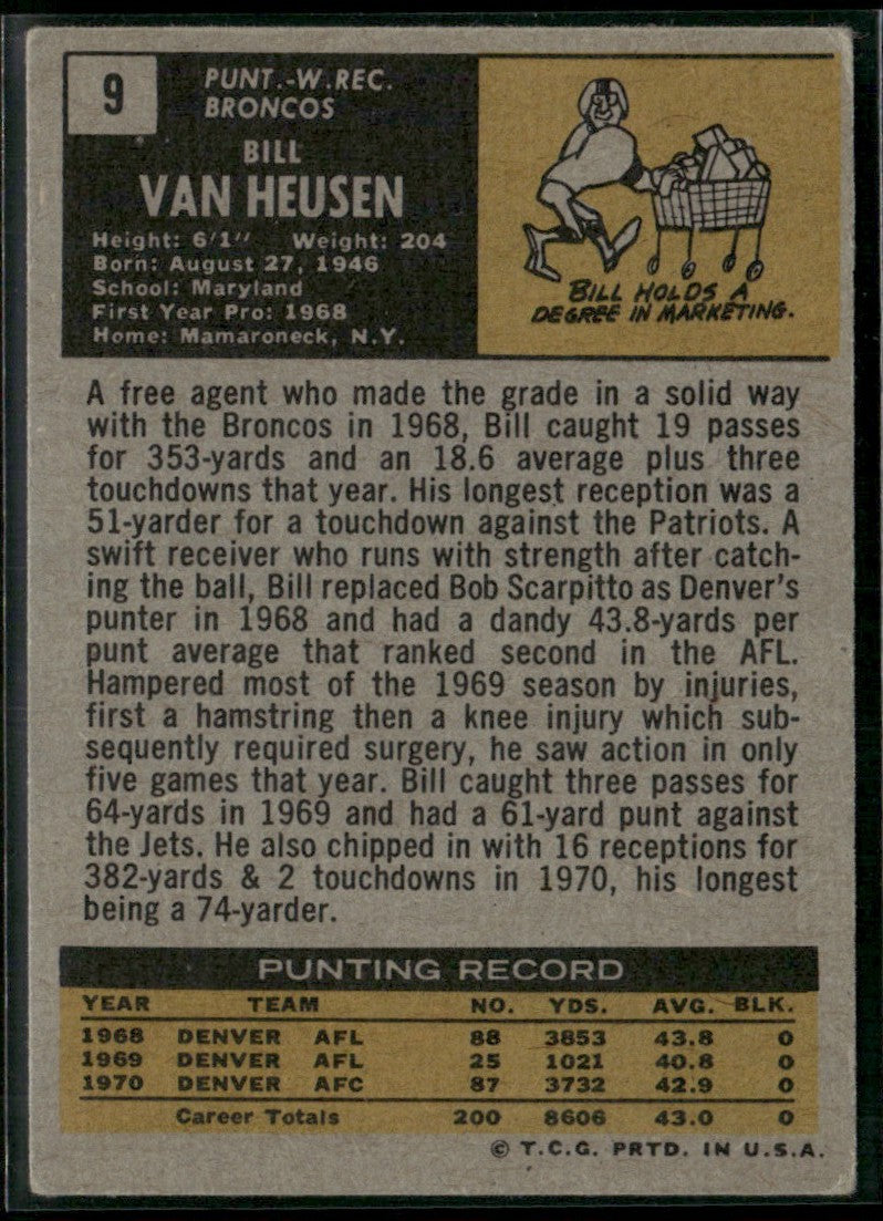 Bill Van Heusen 1971 Topps RC #9 Denver Broncos