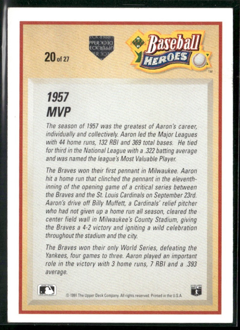 Hank Aaron 1991 Upper Deck Baseball Heroes #20 Milwaukee Braves