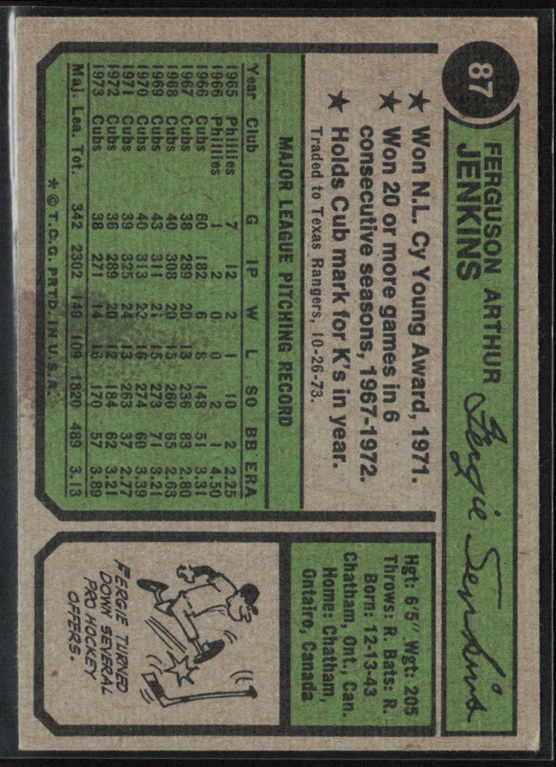 Fergie Jenkins 1974 Topps #87 Texas Rangers