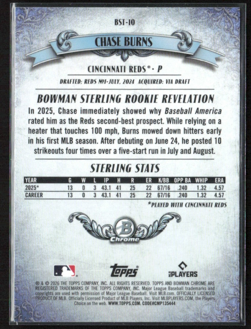 Chase Burns 2026 Bowman Chrome Sterling RC #BST-10 Cincinnati Reds