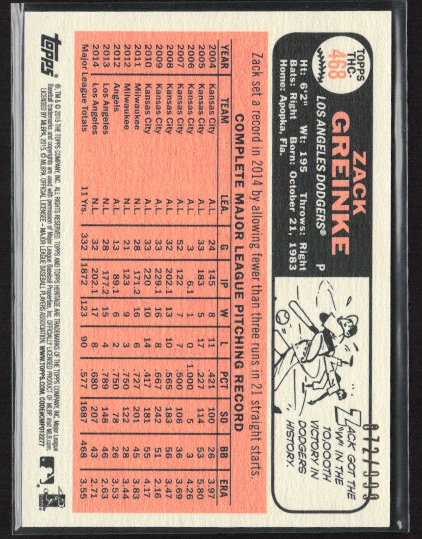 Zack Greinke 2015 Topps Heritage Chrome /999 #THC-468 Los Angeles Dodgers