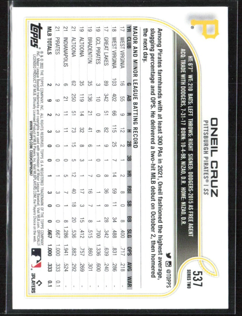 Oneil Cruz 2022 Topps Purple RC #537 Pittsburgh Pirates