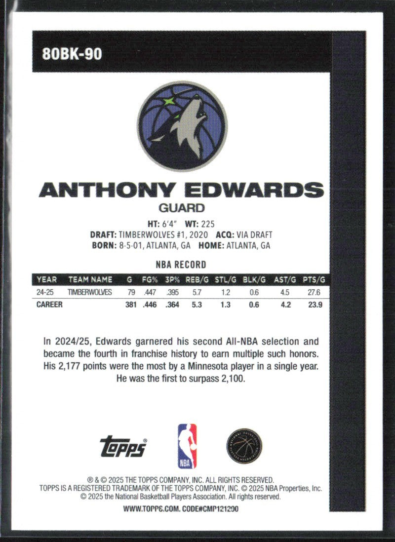 Anthony Edwards 2025 Topps '80-81 #80BK-90 Minnesota Timberwolves