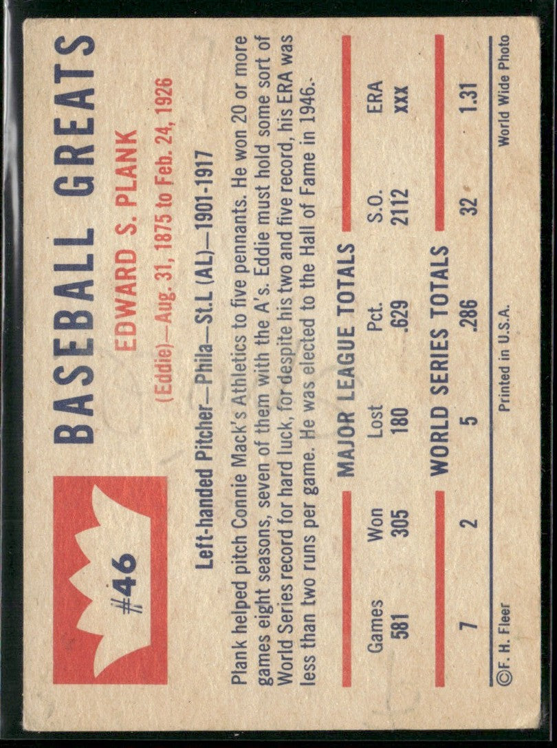 Eddie Plank 1960 Fleer Baseball Greats #46 Philadelphia Athletics