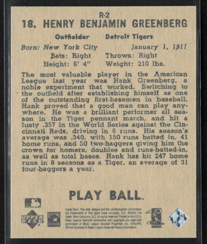 Hank Greenberg 2003 Upper Deck Play Ball 1941 Reprints #R-2 Detroit Tigers