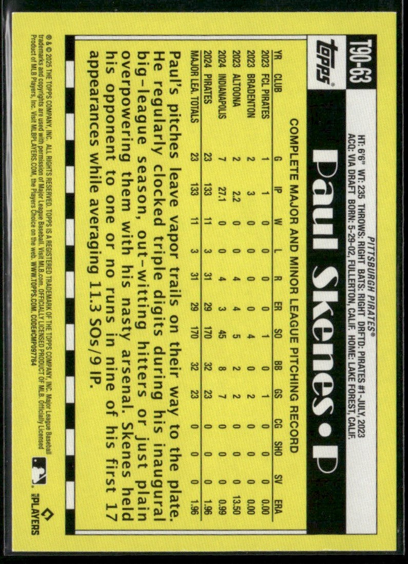 Paul Skenes 2025 Topps 1990 #T90-63 Pittsburgh Pirates