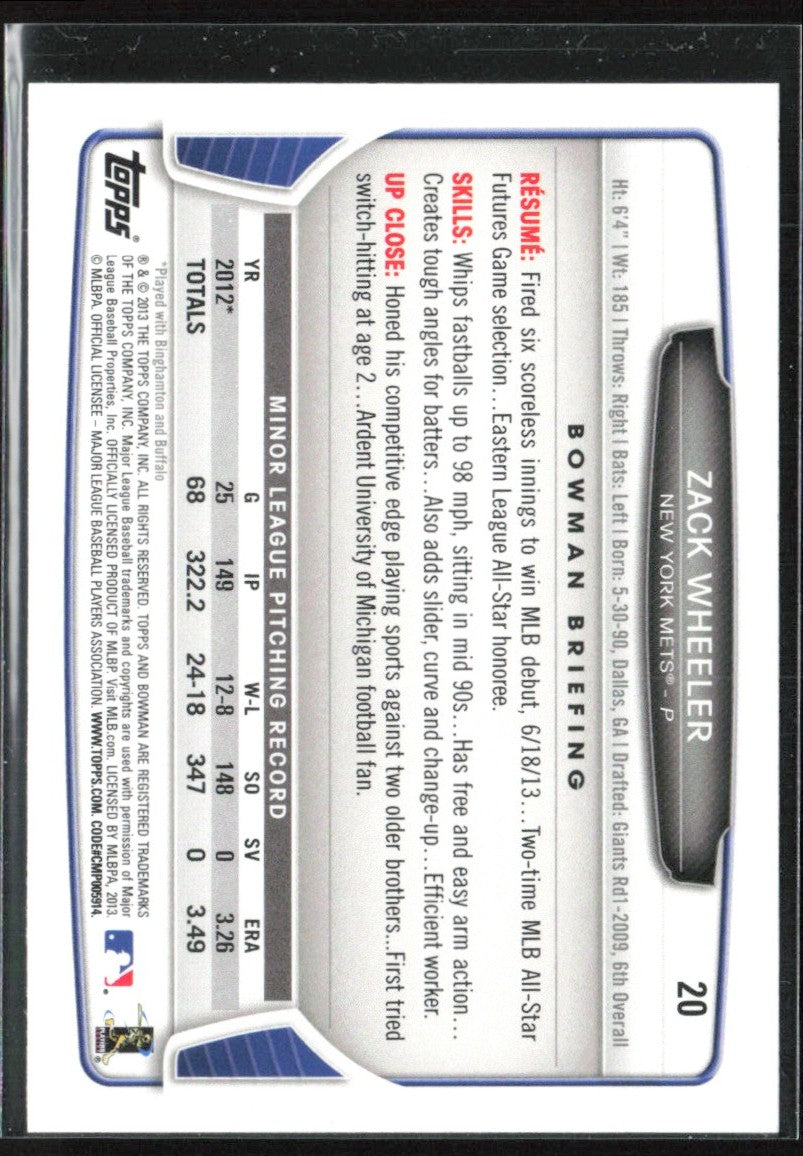 Zack Wheeler 2013 Bowman RC #20 New York Mets