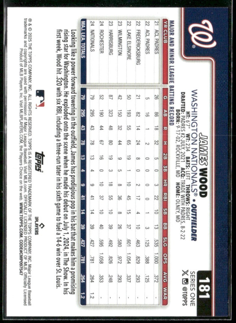 James Wood 2025 Topps RC #181 Washington Nationals