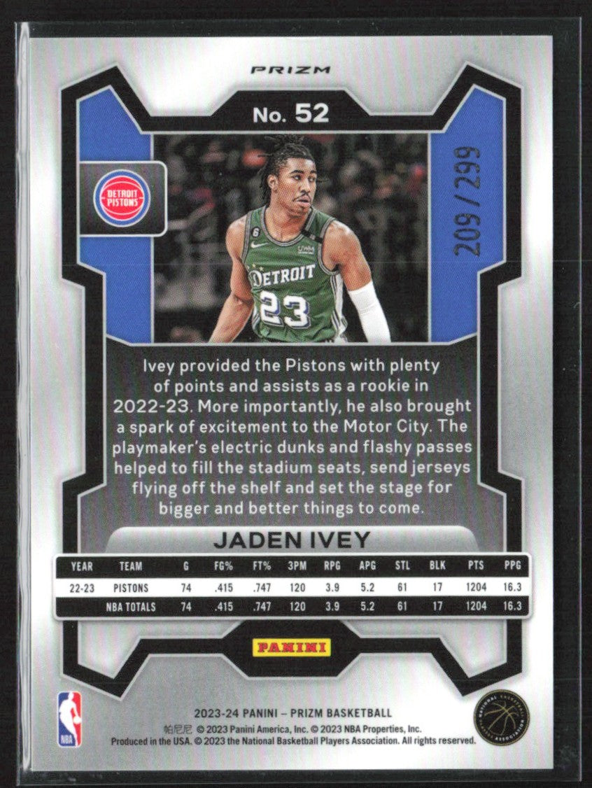 Jaden Ivey 2023 Panini Prizm Red /299 #52 Detroit Pistons