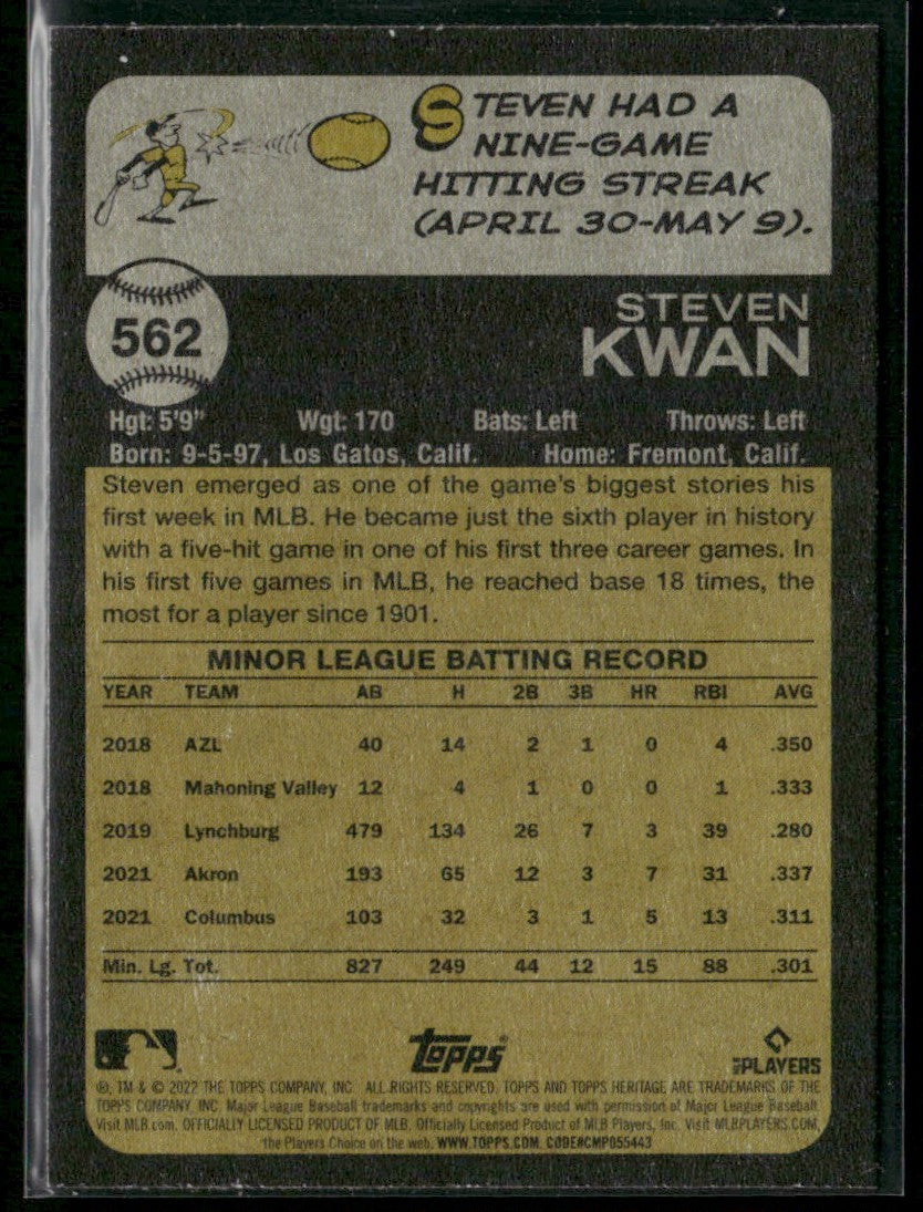 Steven Kwan 2022 Topps Heritage RC #562 Cleveland Guardians
