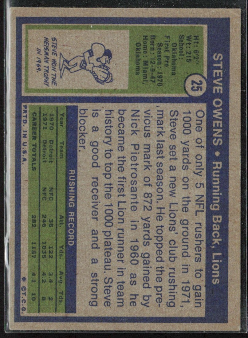 Steve Owens 1972 Topps RC #25 Detroit Lions
