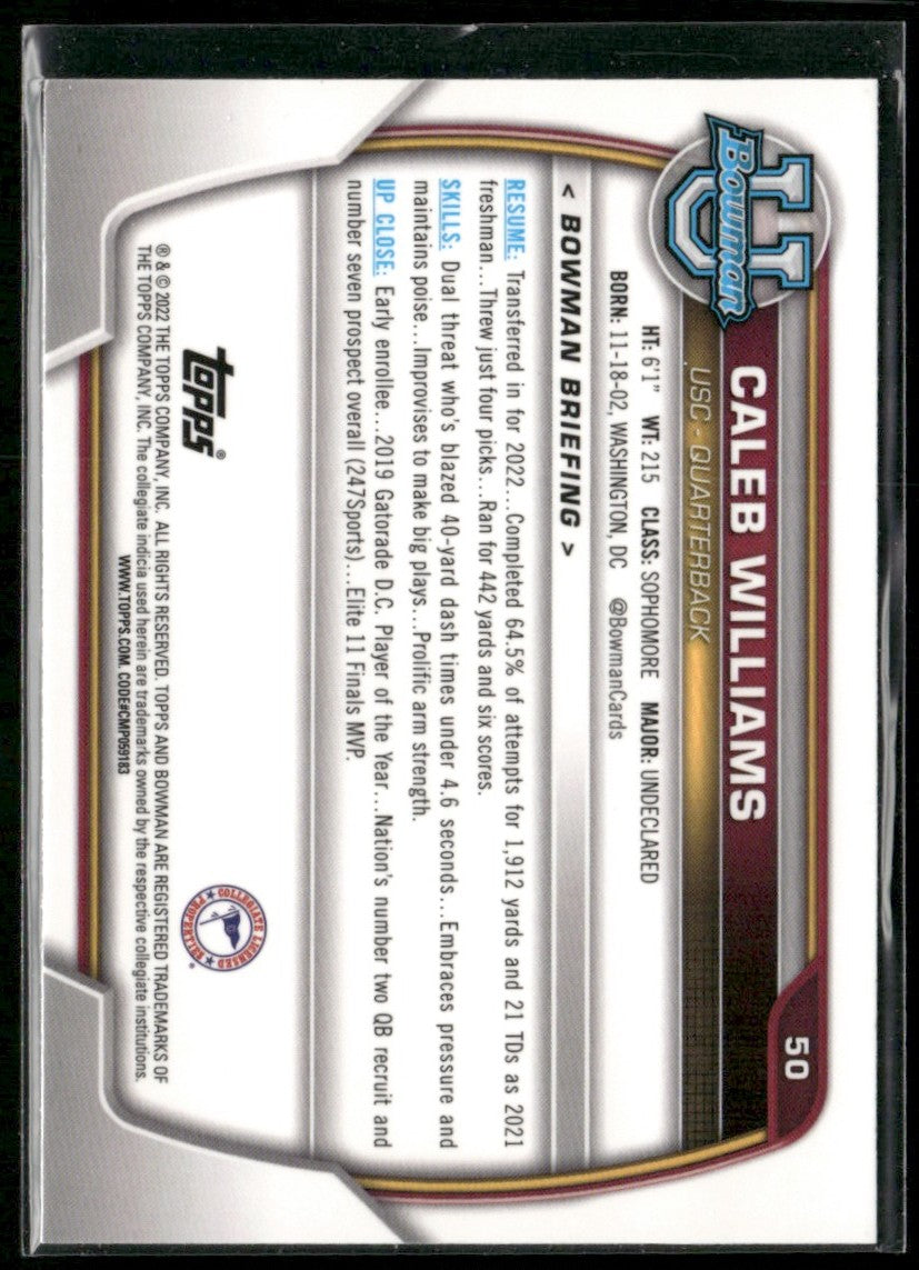 Caleb Williams 2022 Bowman University Chrome 1st #50 USC Trojans