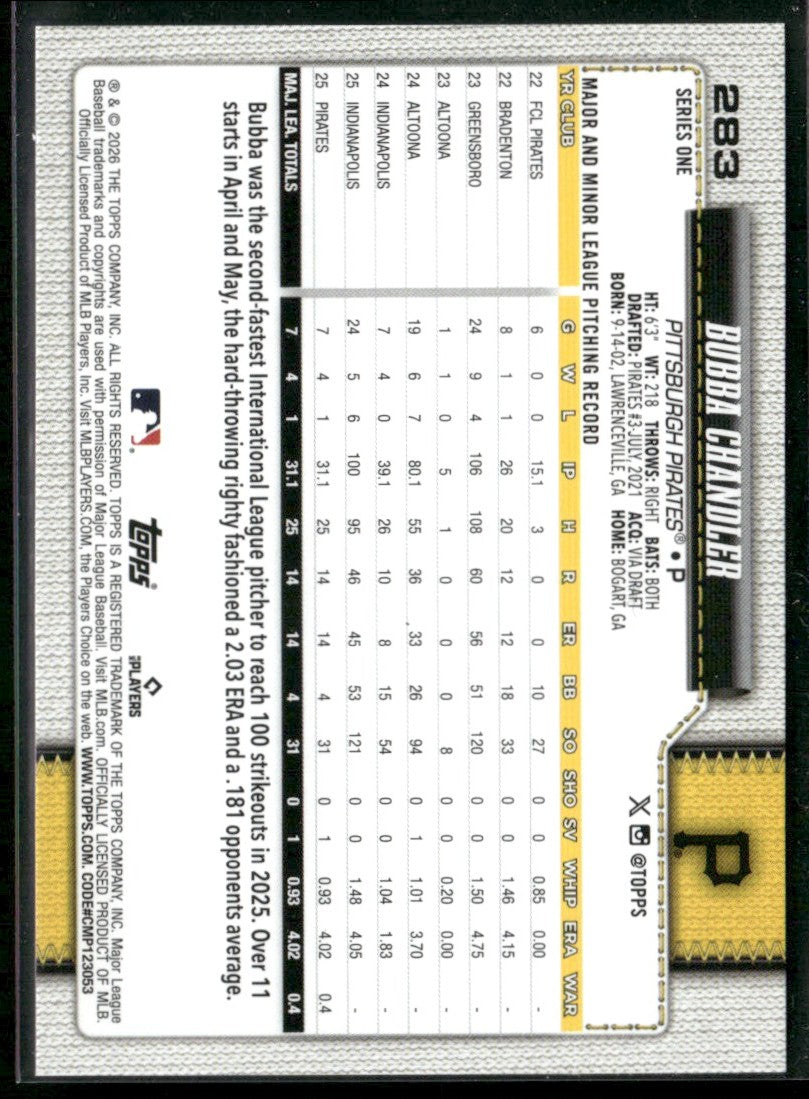 Bubba Chandler 2026 Topps Series 1 RC #283 Pittsburgh Pirates
