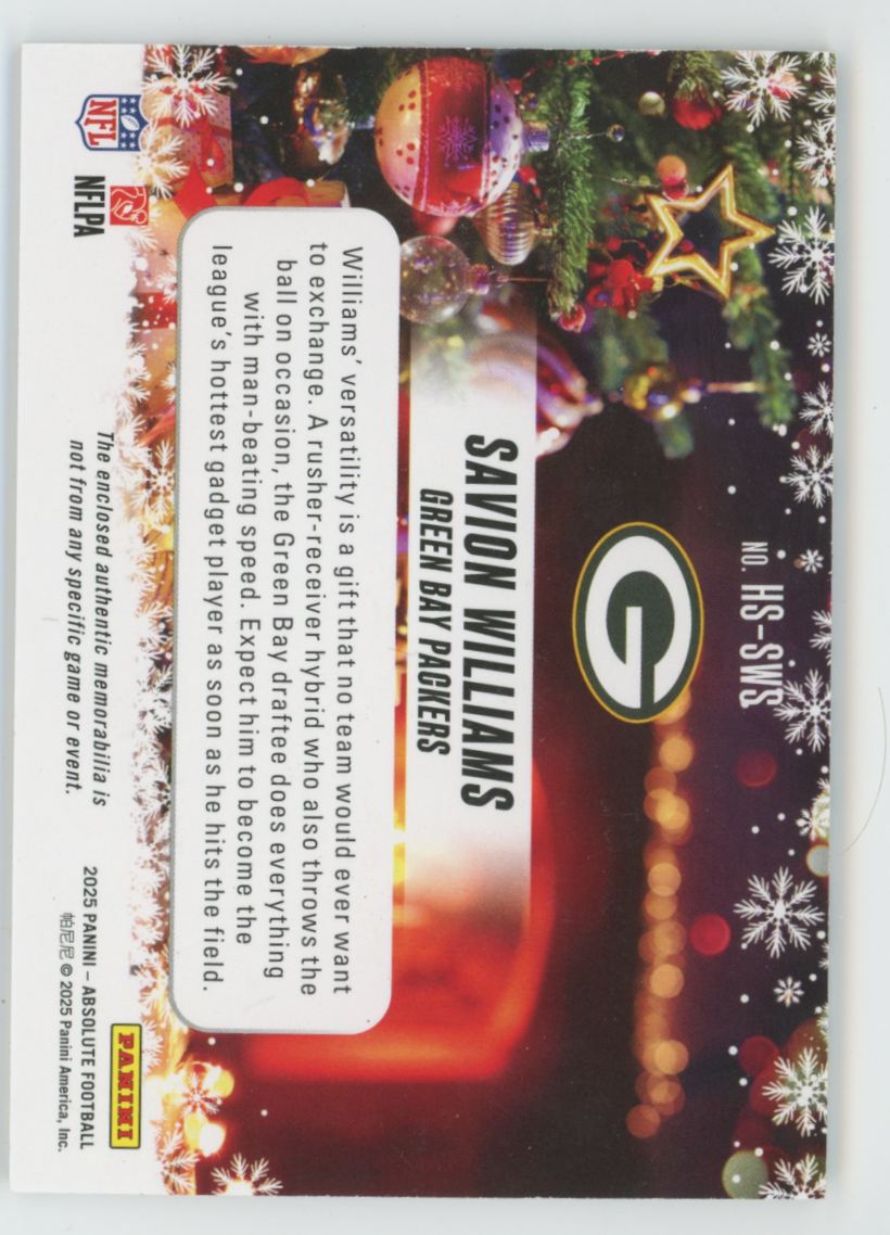 Savion Williams 2025 Panini Absolute Holiday RC Suit #HS-SWS Green Bay Packers