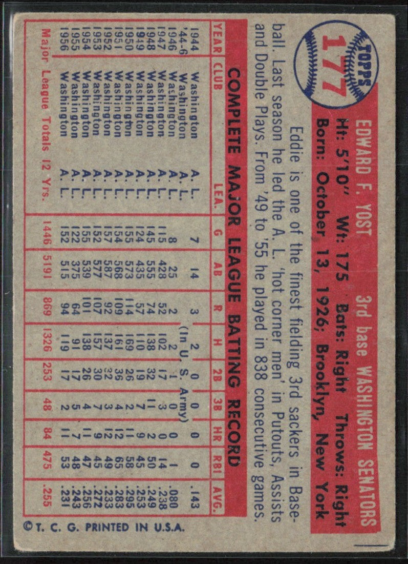 Eddie Yost 1957 Topps #177 Washington Senators