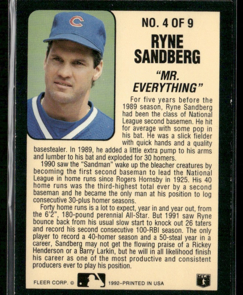 Ryne Sandberg 1992 Fleer Lumber Company #4 Chicago Cubs
