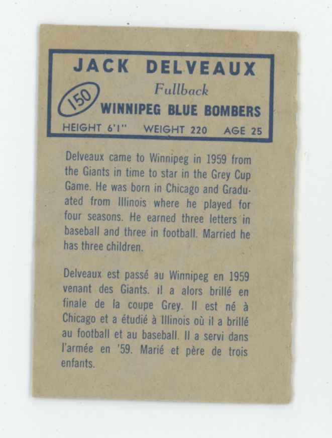 Jack Delveaux 1962 Topps CFL #150 Winnipeg Blue Bombers